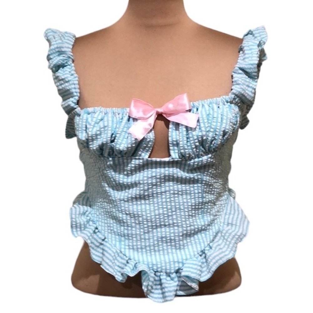 Vintage DIY Crop Top Size XS Blue Gingham Cut Out Bow Tie Bust